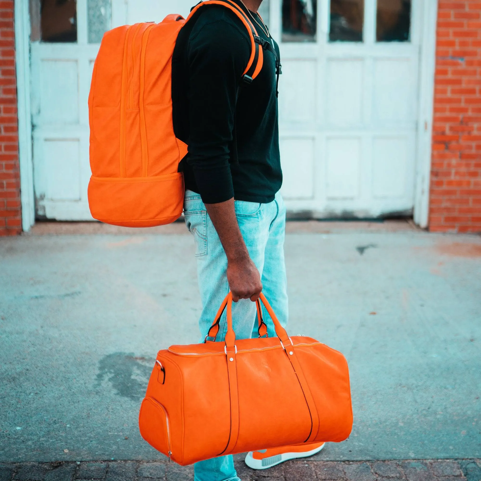 Orange Tumbled Leather Bag Set (Signature and Duffle)