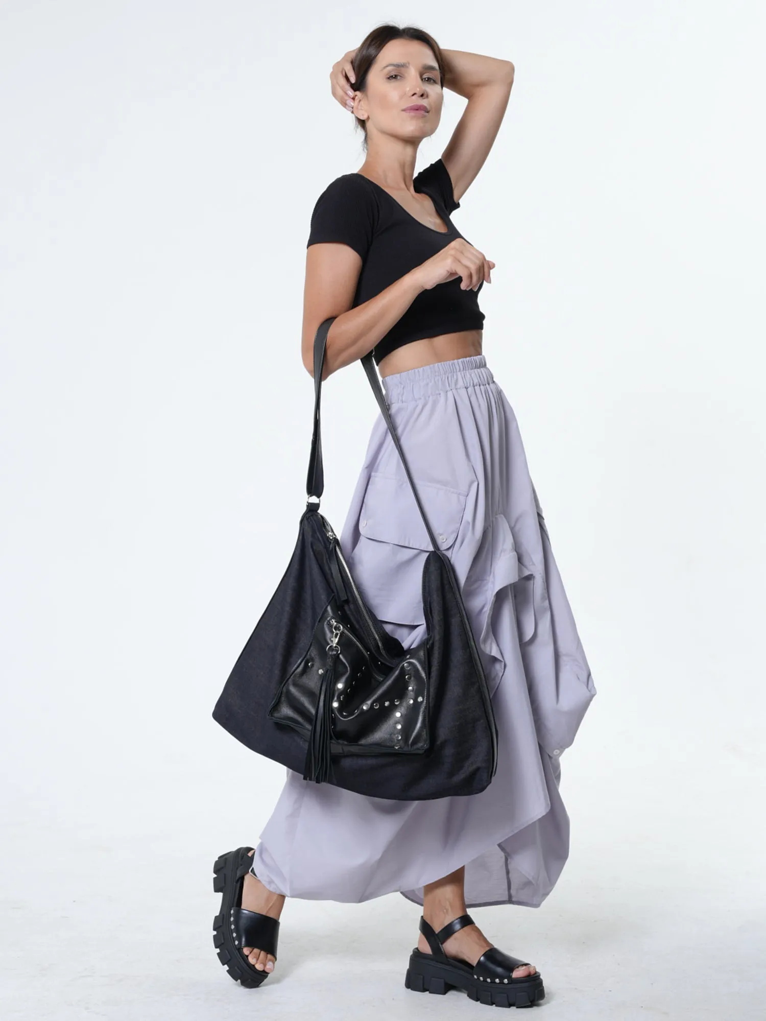 Oversized Slouchy Tote Bag - Denim and Leather