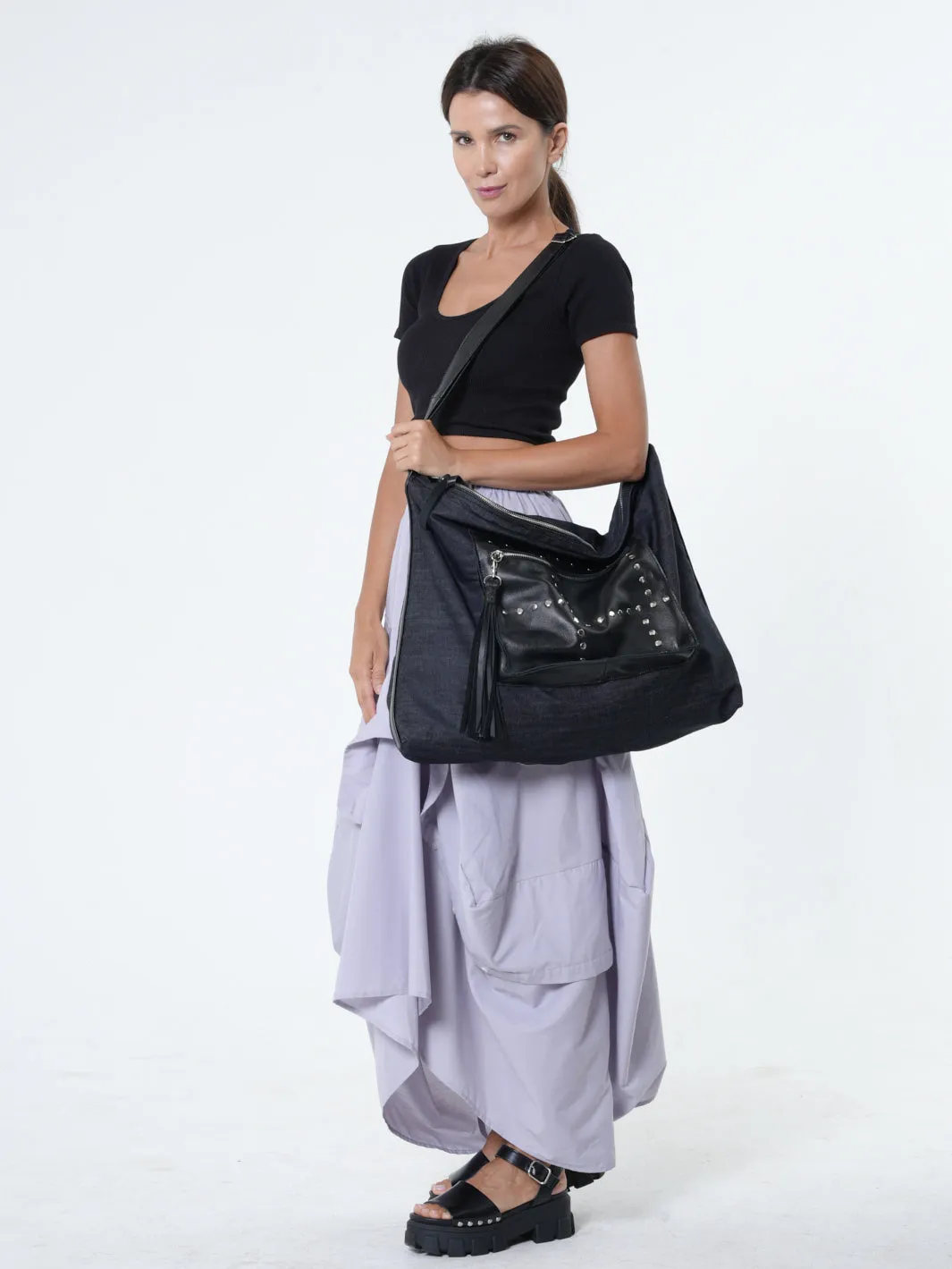 Oversized Slouchy Tote Bag - Denim and Leather