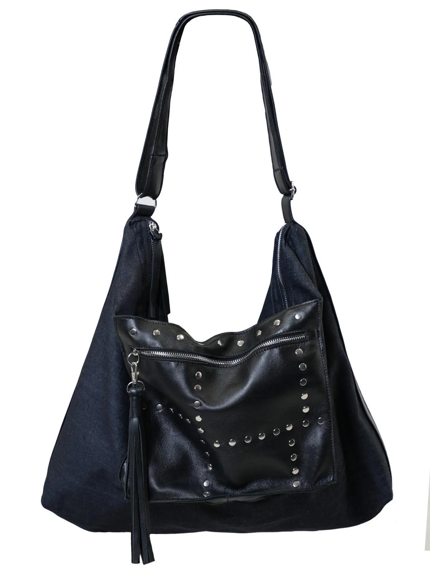 Oversized Slouchy Tote Bag - Denim and Leather