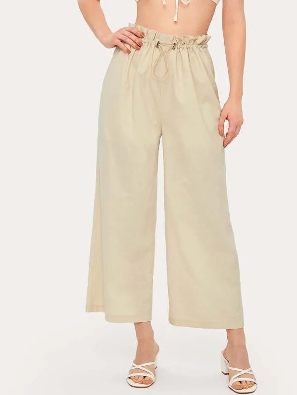 Paper Bag Waist Drawstring Wide Leg Pants