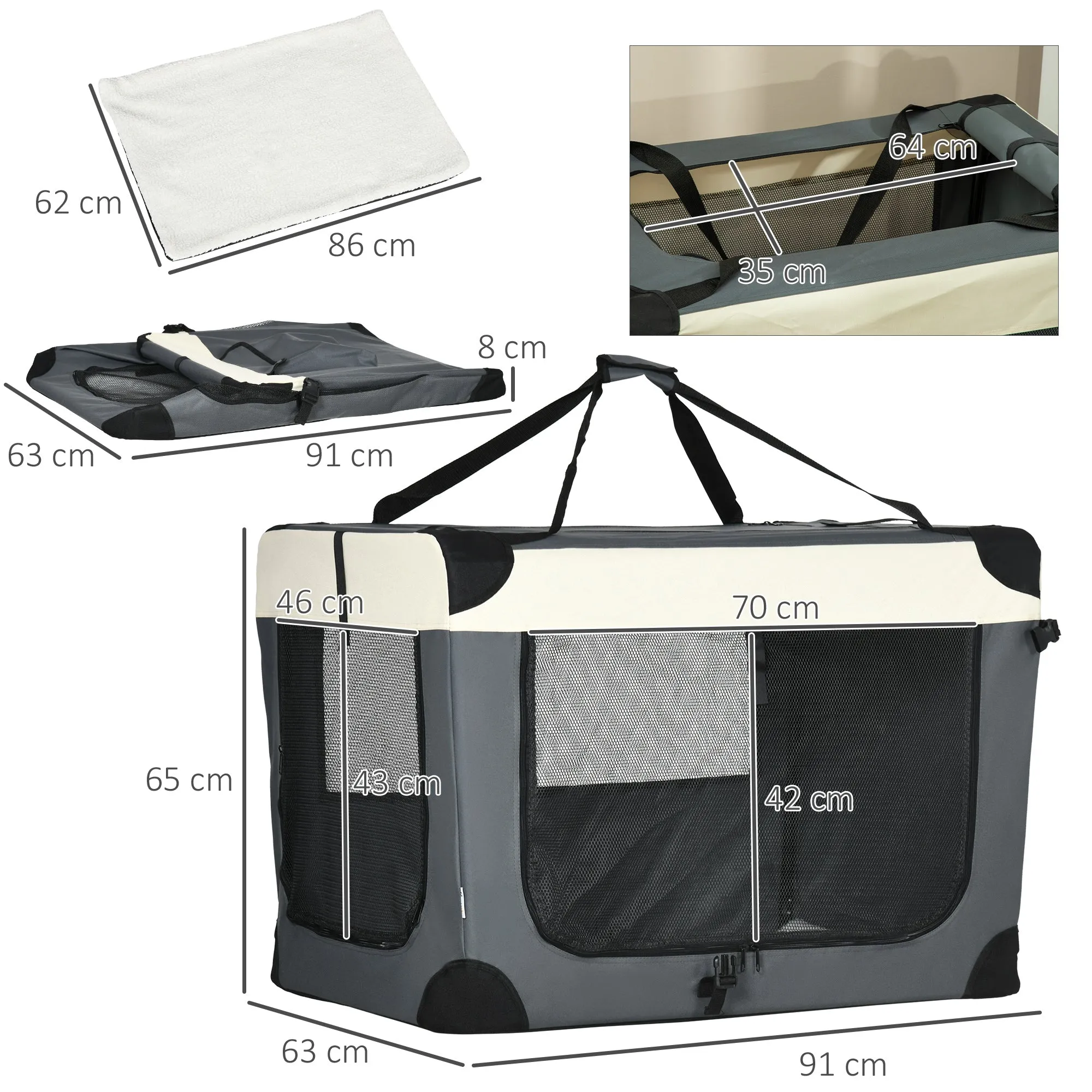 PawHut 91cm Foldable Pet Carrier Bag Soft Travel Dog Crate for Large Dogs Grey