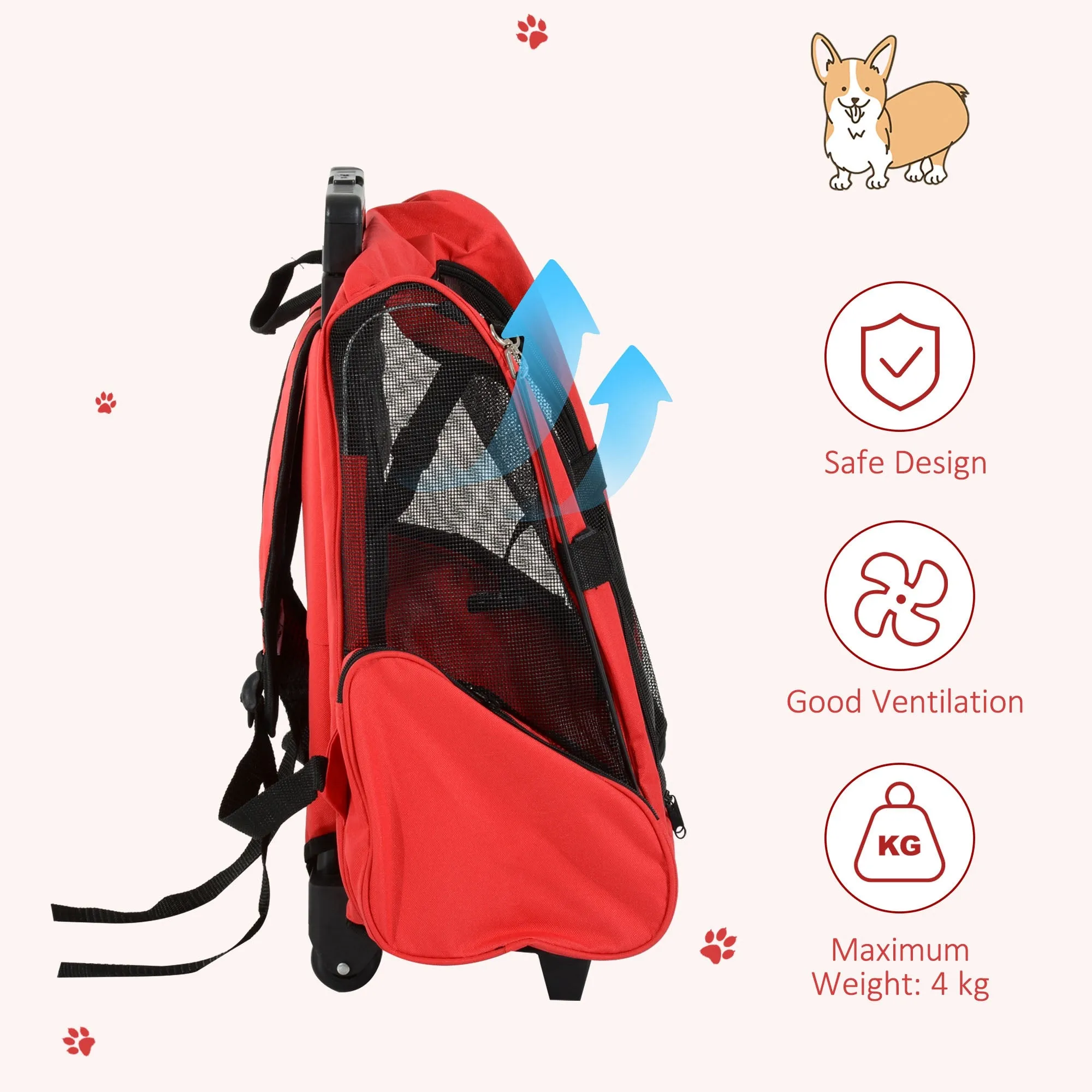 PawHut Pet Red Travel Backpack Bag Cat Puppy Dog Carrier w/ Trolley and Telescopic