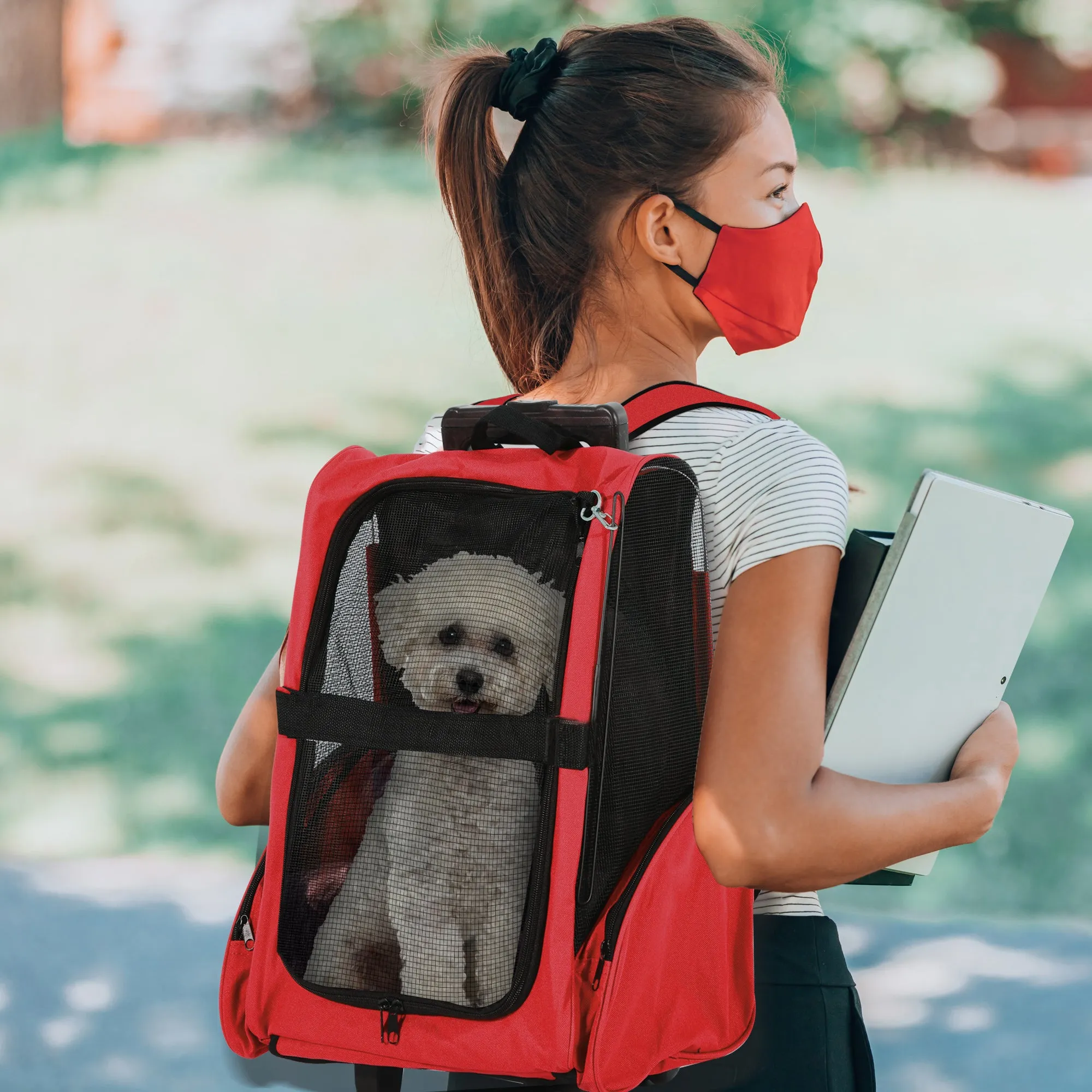 PawHut Pet Red Travel Backpack Bag Cat Puppy Dog Carrier w/ Trolley and Telescopic