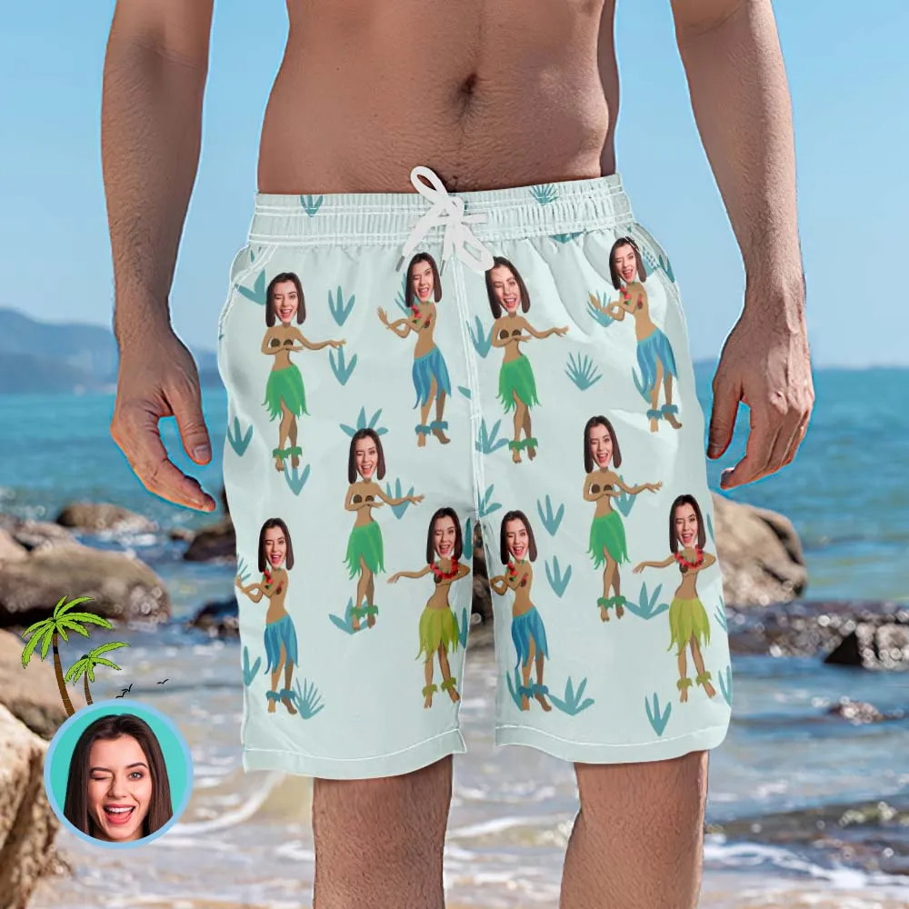 Personalized Beach Shorts for Men Hula Style Custom Face Swim Trunks