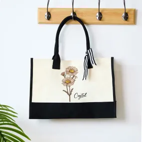 Personalized Birth Flower Canvas Tote Bag Large Capacity Beach Tote Bag Gift for Her