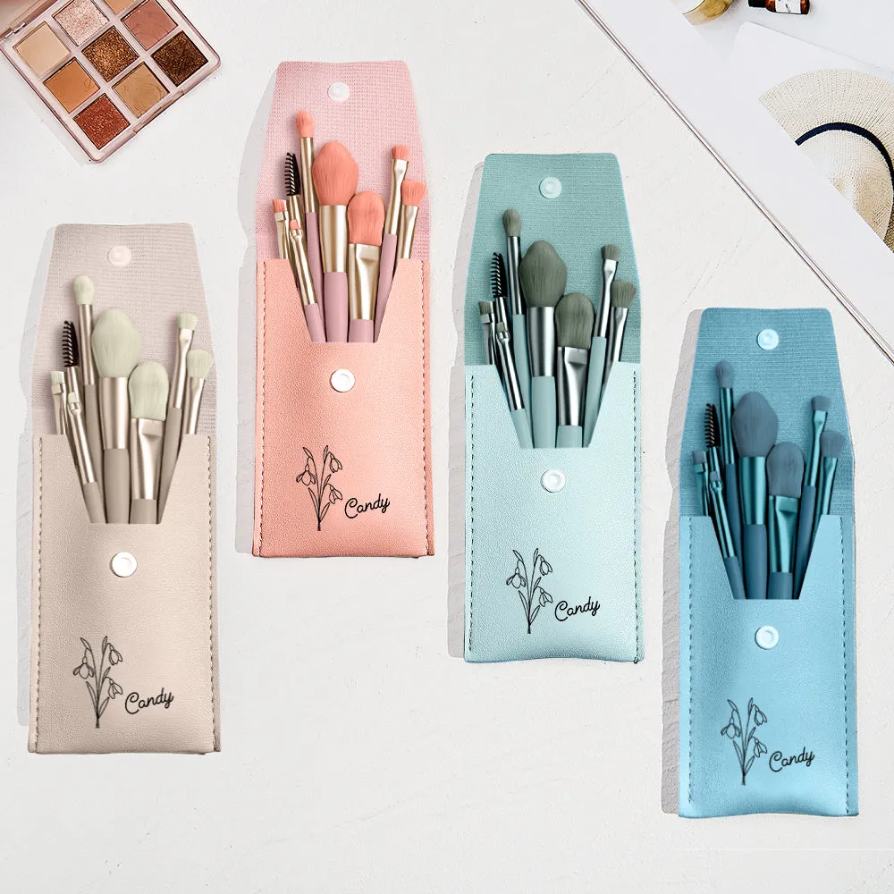 Personalized Birth Flower Leather Makeup Brush Bag with 8 Pcs Makeup Brushes Birthday Gift for Her