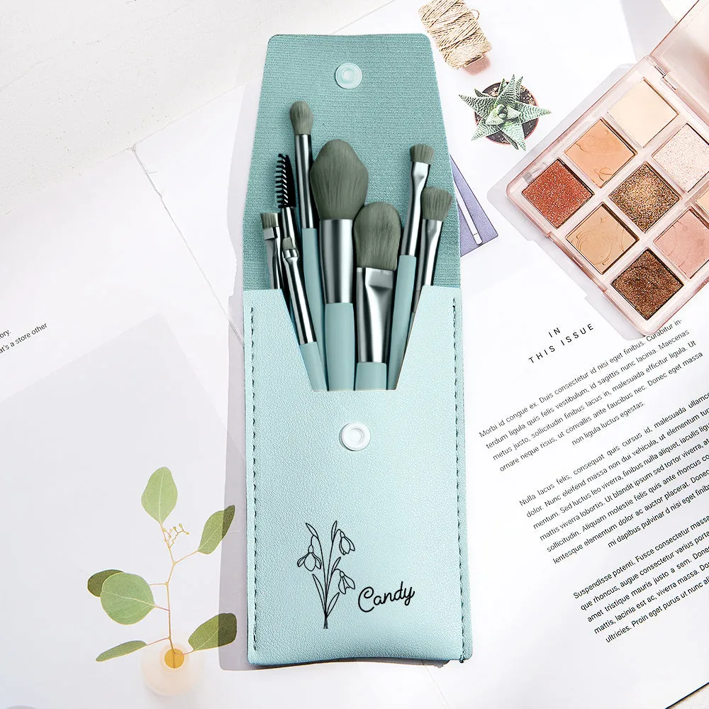 Personalized Birth Flower Leather Makeup Brush Bag with 8 Pcs Makeup Brushes Birthday Gift for Her