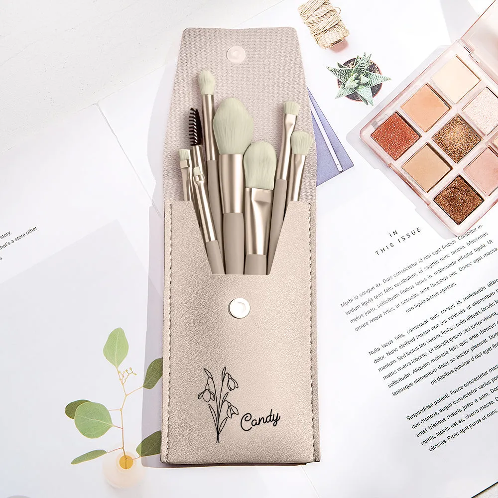 Personalized Birth Flower Leather Makeup Brush Bag with 8 Pcs Makeup Brushes Birthday Gift for Her