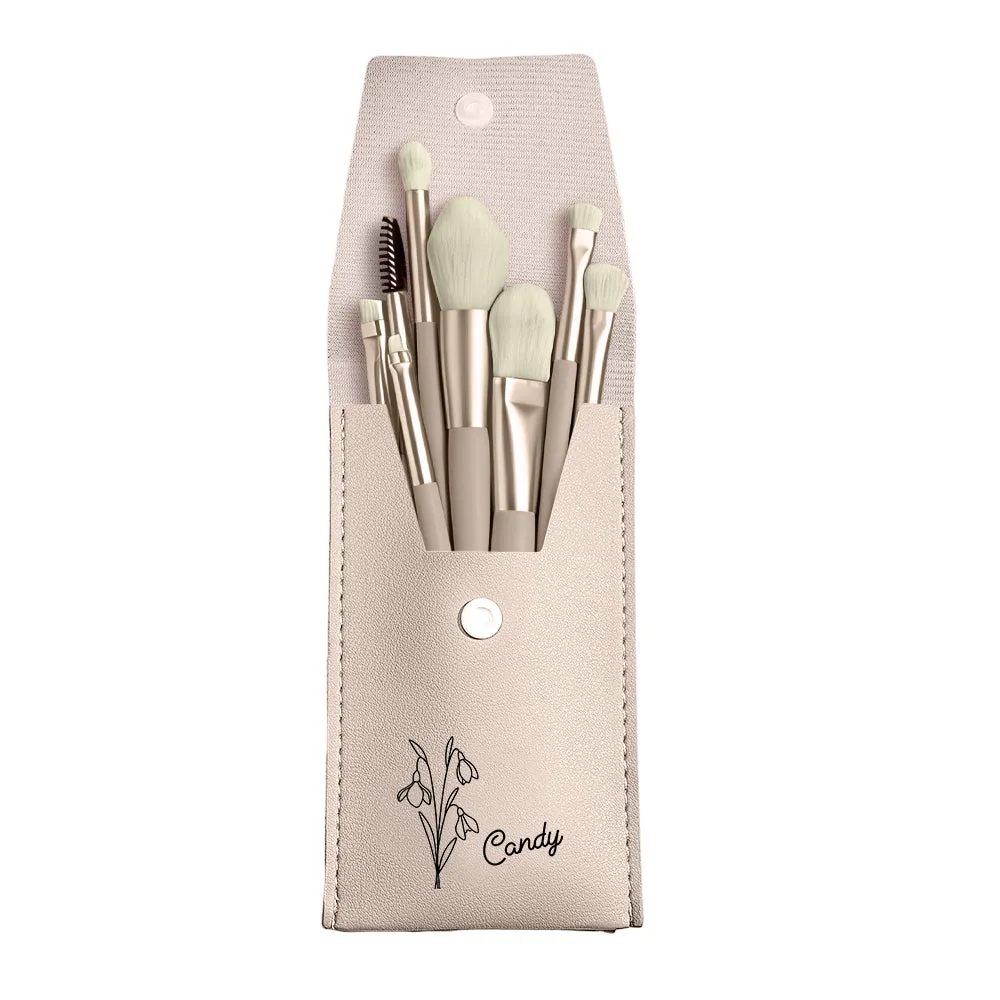 Personalized Birth Flower Leather Makeup Brush Bag with 8 Pcs Makeup Brushes Birthday Gift for Her