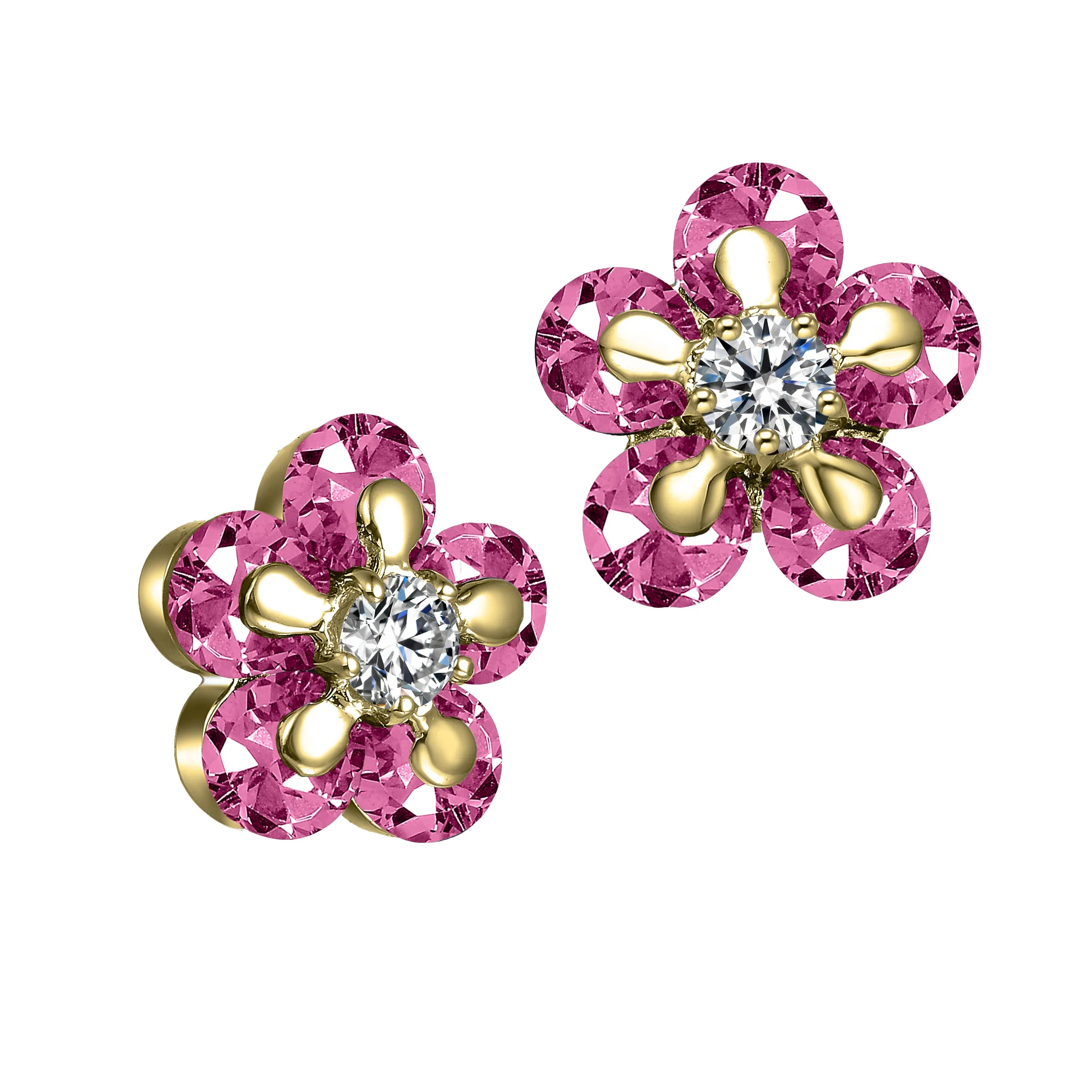 Pink Bloom Gold Sterling Silver Cubic Zirconia Stud Earrings