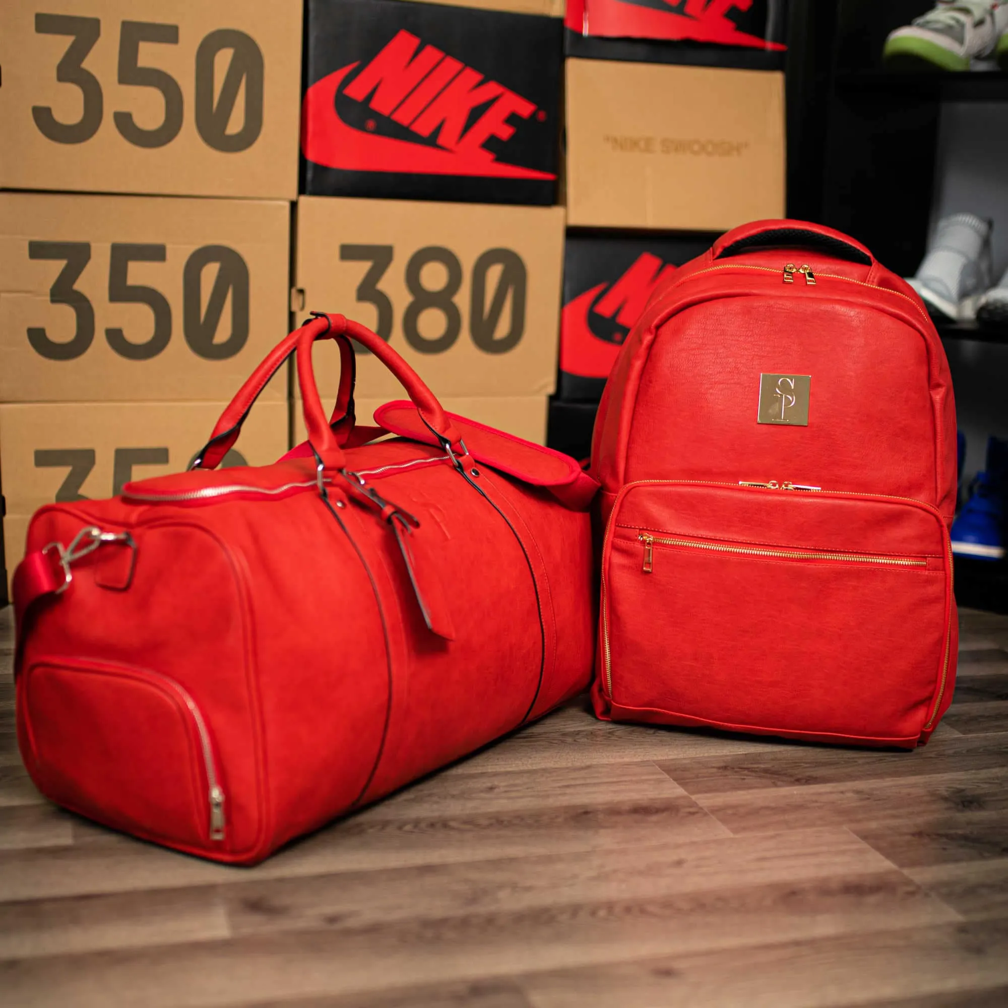 Red Tumbled Leather 2 Bag Set (Commuter and Duffle)