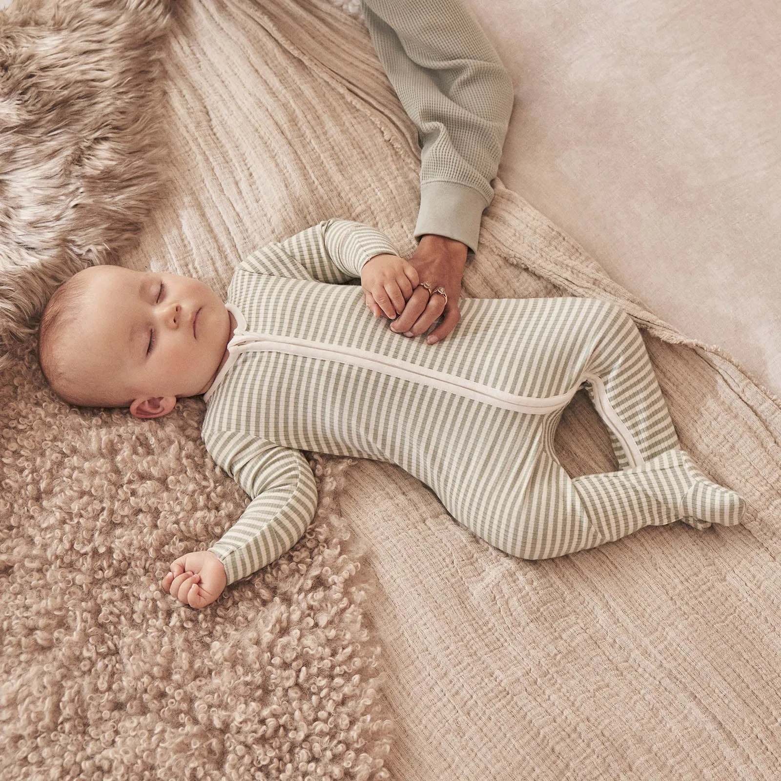 Sage Stripe Ribbed Clever Zip Footed Baby Pajamas