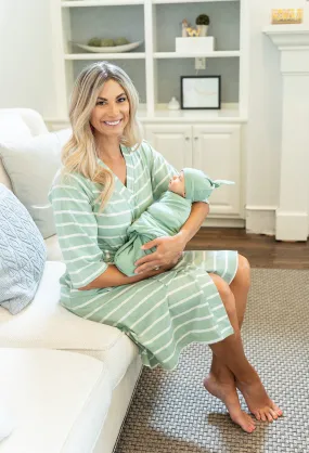 Sage Stripe Robe & Sage Newborn Swaddle Blanket Set