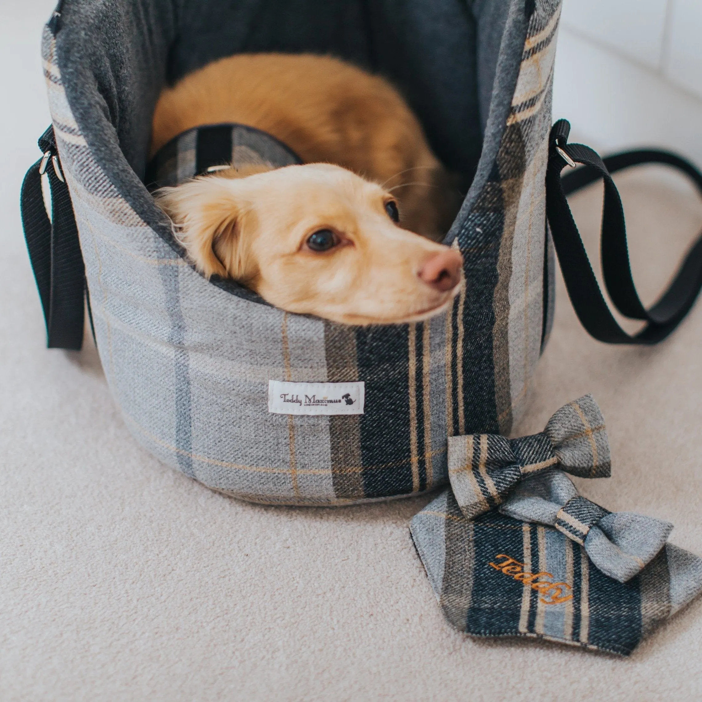 The Belgravia Adjustable Black Plaid Tweed Luxury Dog Carrier