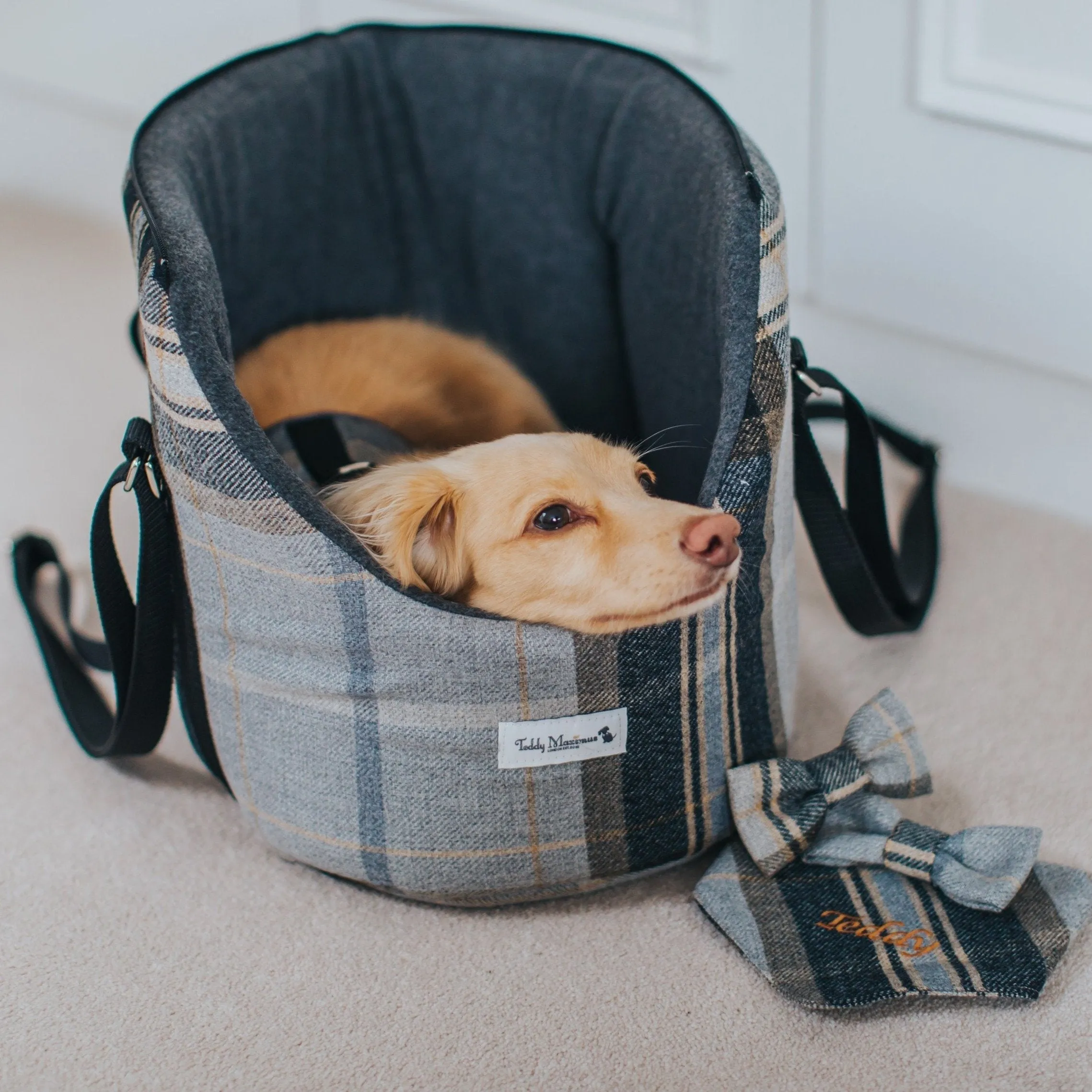 The Belgravia Adjustable Black Plaid Tweed Luxury Dog Carrier