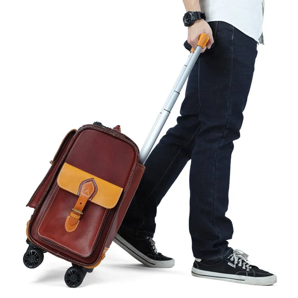 Unisex 23"  Genuine Vegetable Tanned Leather Rolling Duffle Bag Trolley Wheeled Carry On Luggage Suitcase Tote