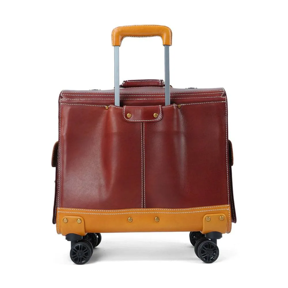 Unisex 23"  Genuine Vegetable Tanned Leather Rolling Duffle Bag Trolley Wheeled Carry On Luggage Suitcase Tote