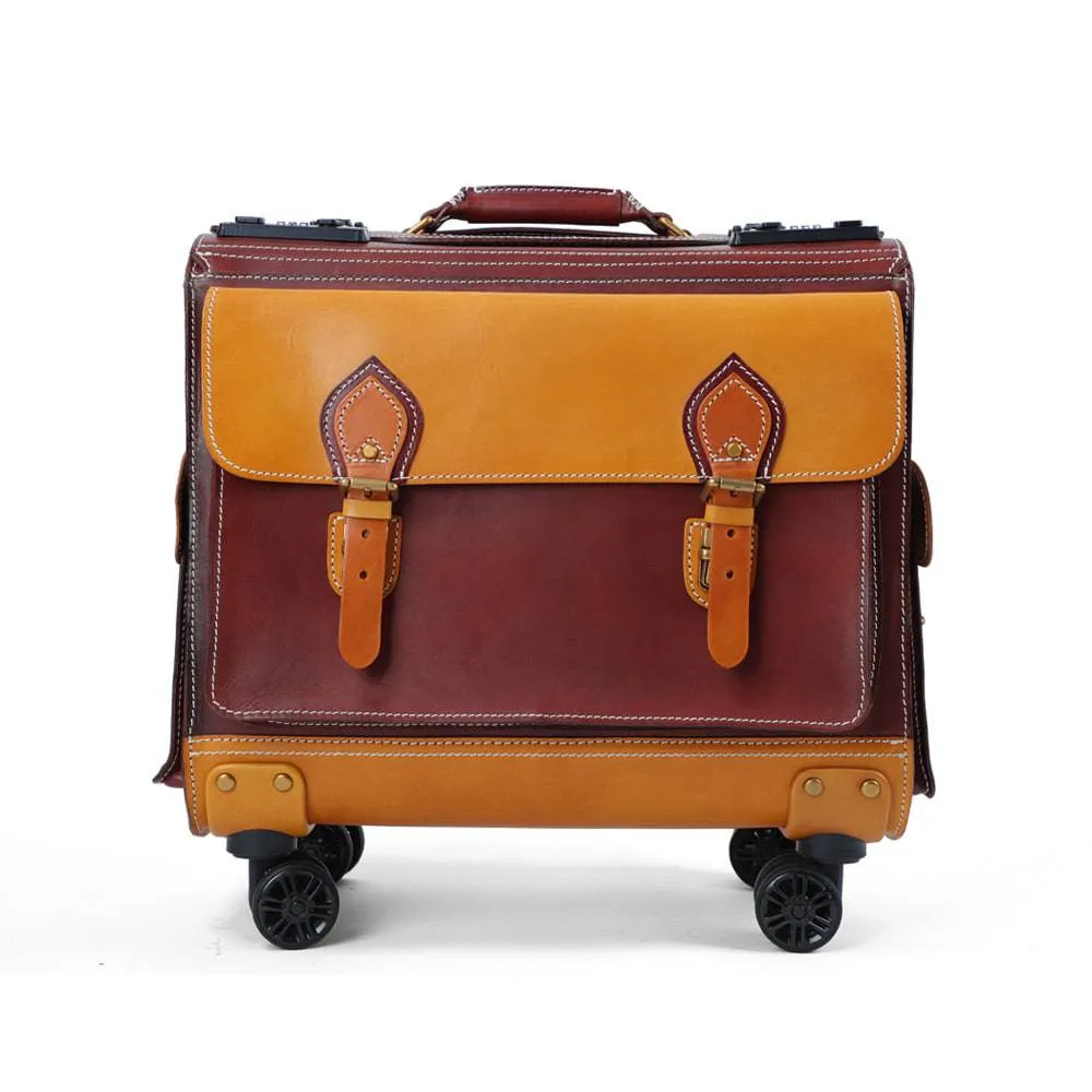 Unisex 23"  Genuine Vegetable Tanned Leather Rolling Duffle Bag Trolley Wheeled Carry On Luggage Suitcase Tote