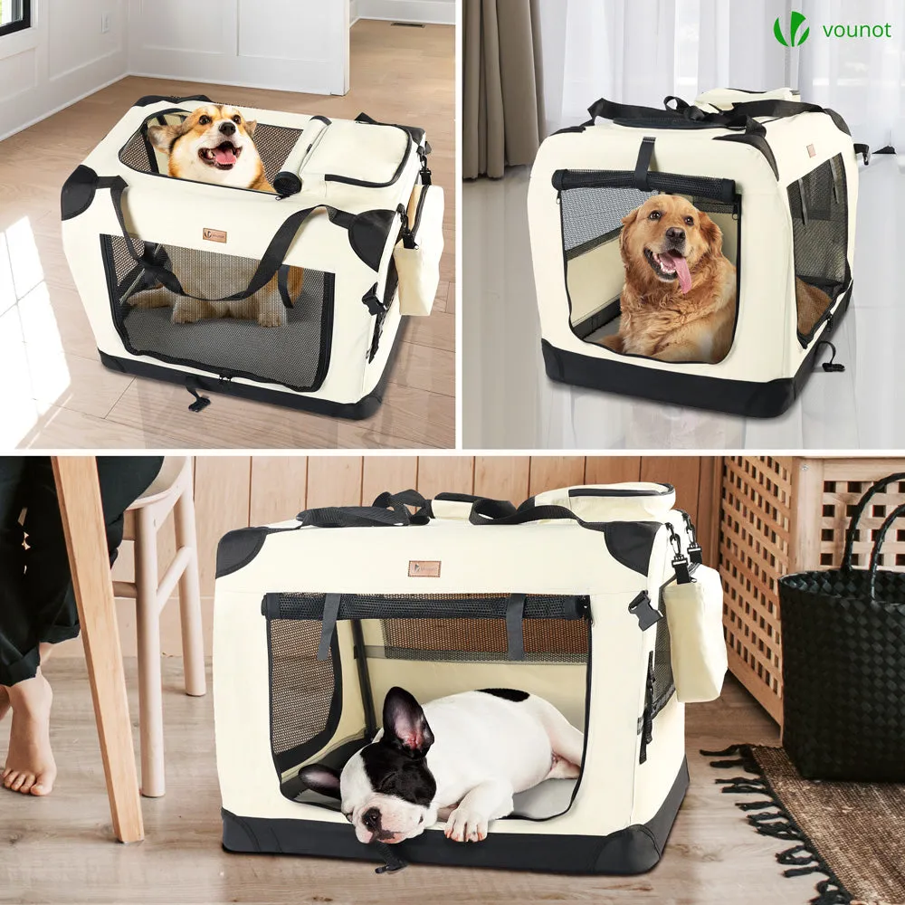 VOUNOT Pet Carrier Bag Portable Foldable Dog Cat Travel Carrier Bag, 3 Entry Doors, Breathable Mesh and Padded Handles, L Beige