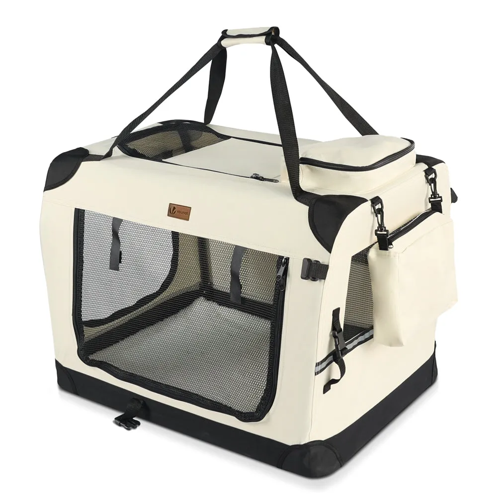 VOUNOT Pet Carrier Bag Portable Foldable Dog Cat Travel Carrier Bag, 3 Entry Doors, Breathable Mesh and Padded Handles, L Beige