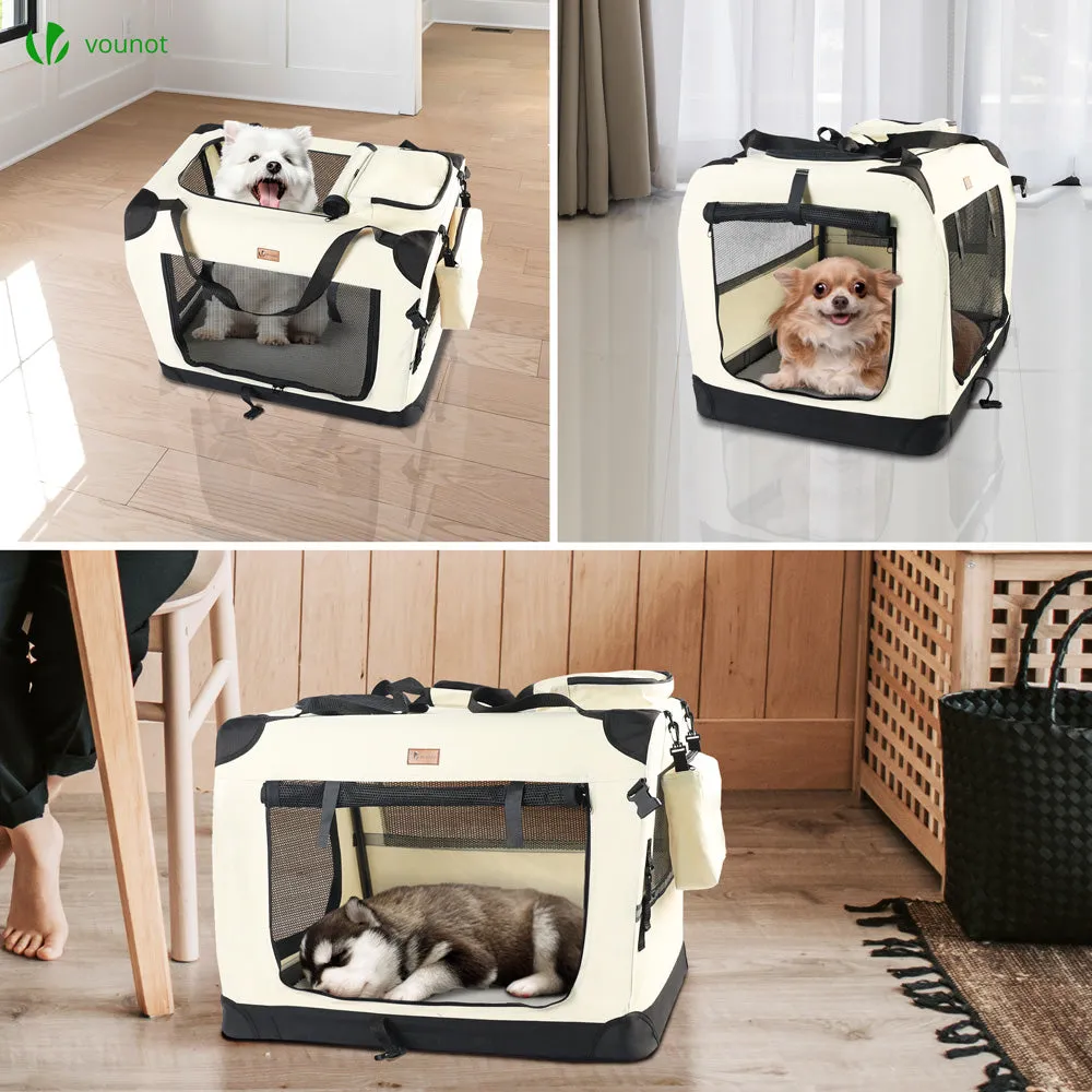 VOUNOT Pet Carrier Bag Portable Foldable Dog Cat Travel Carrier Bag, 3 Entry Doors, Breathable Mesh and Padded Handles, M Beige