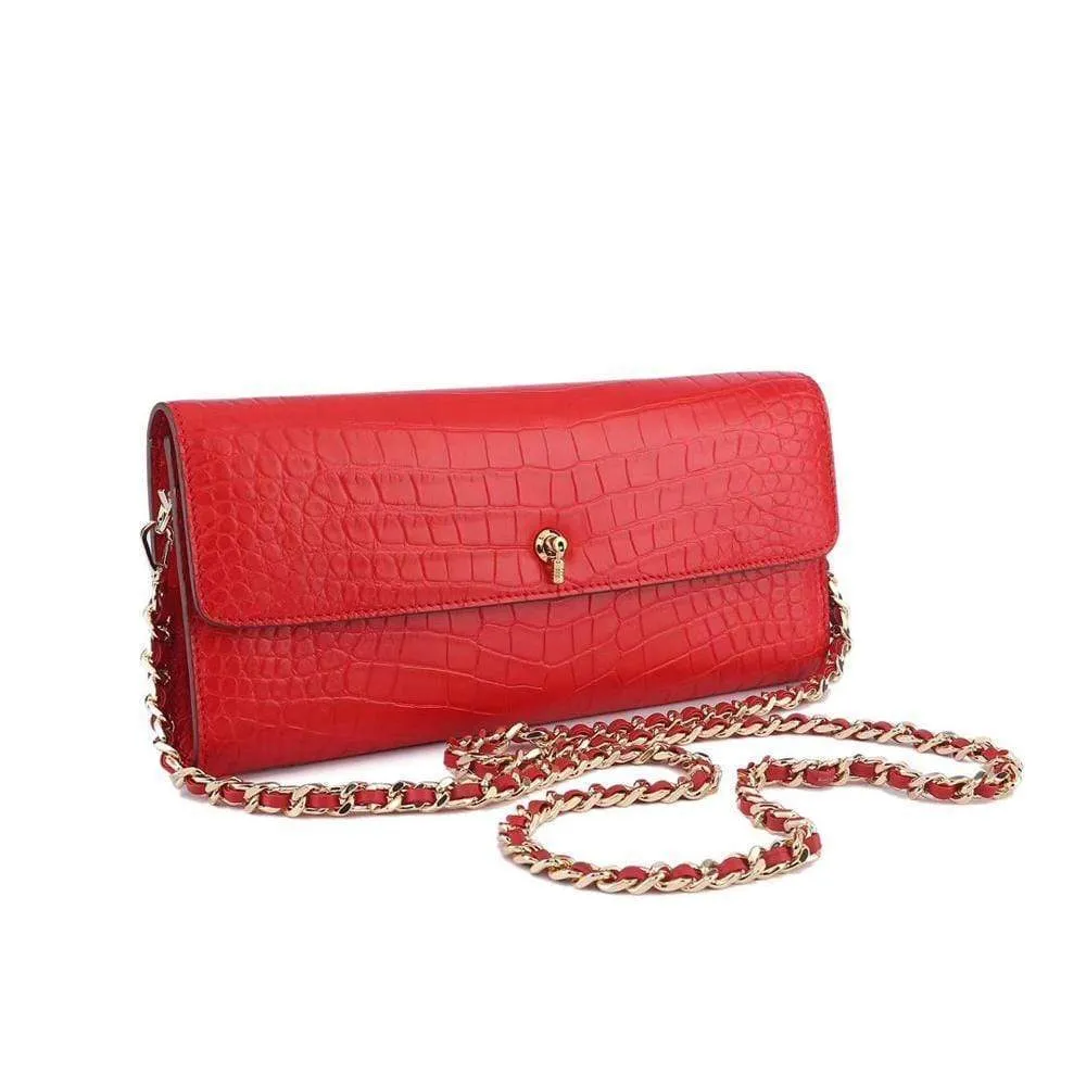 Women's Crocodile Leather  Pouches Chain Pouchette Clutch Bags Red